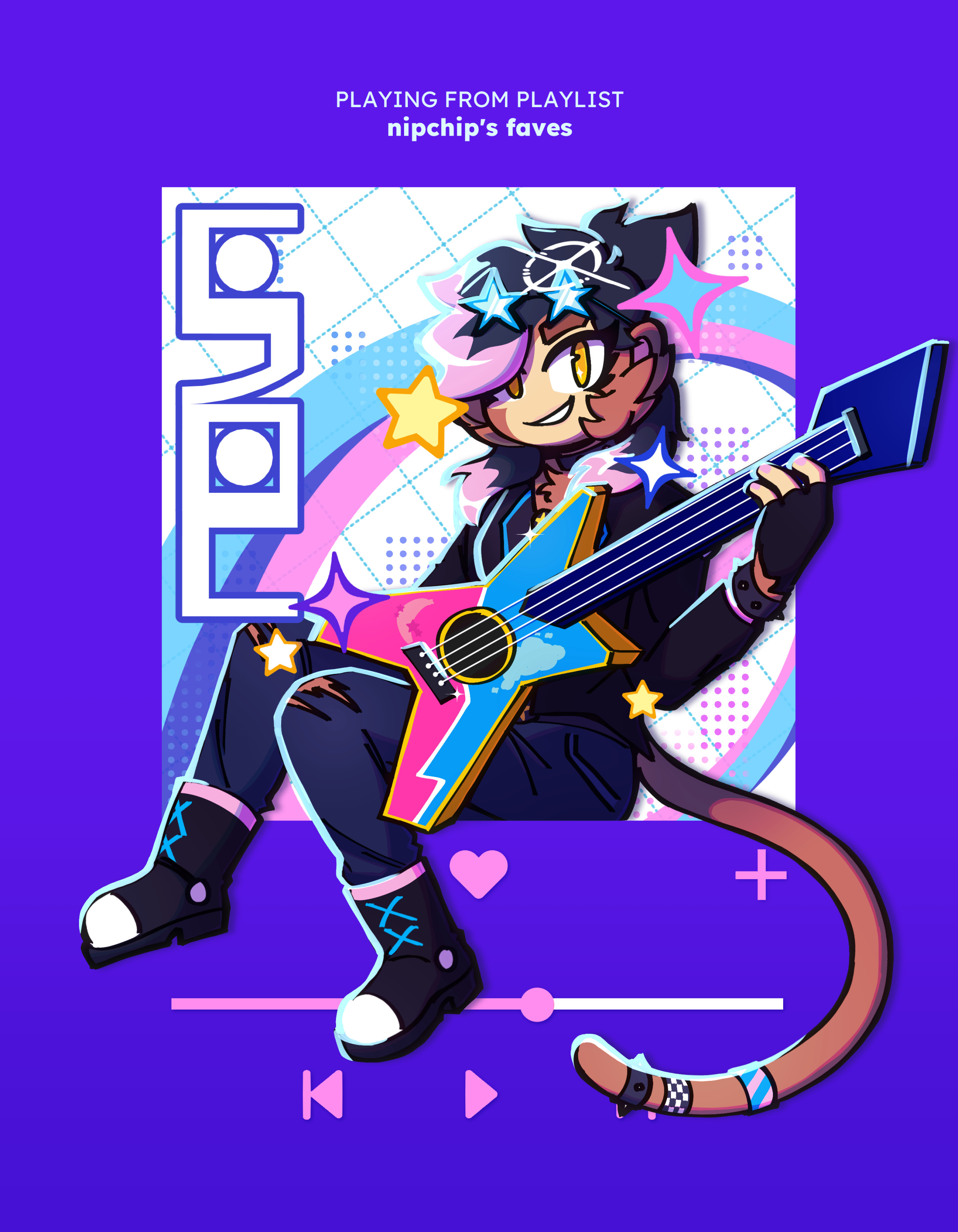 Punk pop star Nova sitting in an album cover, her legs and tail dangling out the borders. She is holding her pink and blue electric guitar. The entire piece emulates a music player.